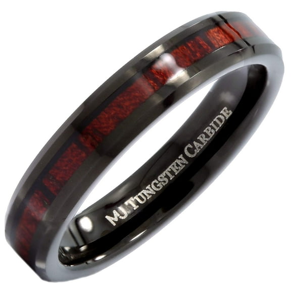 Metals Jewelry Men's / Women's 4mm Black Plated Tungsten Carbide Koa Wood Inlay Wedding Ring Comfort Fit Size 7.5