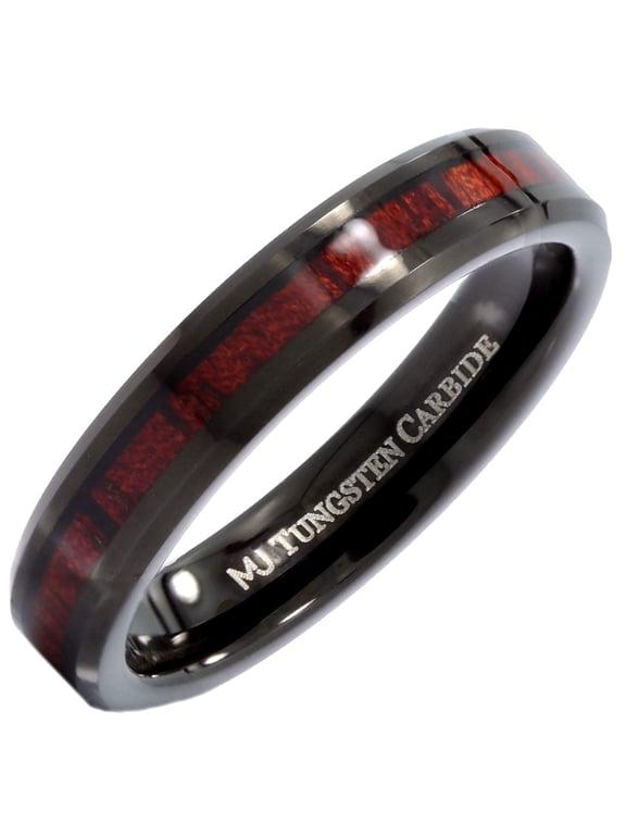 Metals Jewelry Men's / Women's 4mm Black Plated Tungsten Carbide Koa Wood Inlay Wedding Ring Comfort Fit Size 9