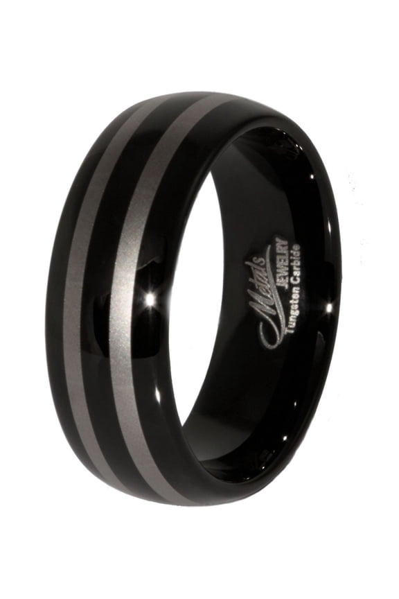 Metals Jewelry Men's / Women's 8mm Black Plated With Laser Engraved Double Striped Tungsten Carbide Ring Size 12.5