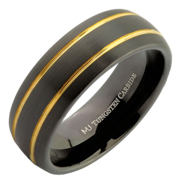 Metals Jewelry Men's / Women's Adult Tungsten Carbide 8mm Wedding Band Black Plated 2 Gold Stripes Ring