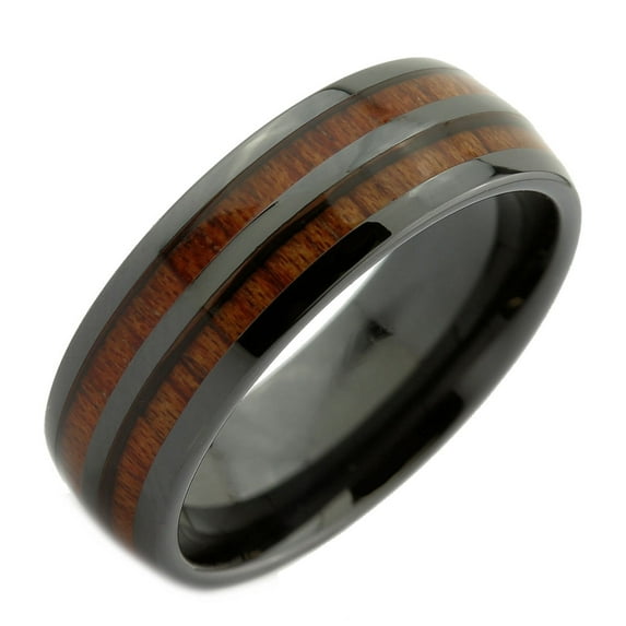 Metals Jewelry Men's / Women's Black Ceramic 8mm Wedding Band 2 Natural Koa Wood Inlays Comfort Fit Ring Size 8.5