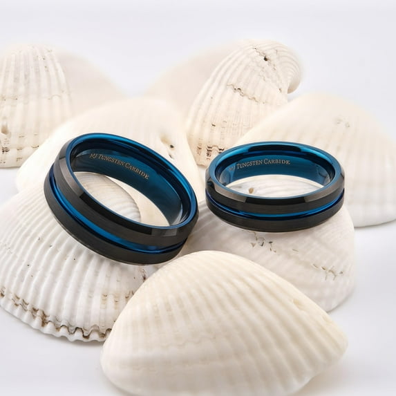 Metals Jewelry Men's / Women's Black Edges with Center and Interior Plated in Blue Comfort Fit Wedding Band 6mm or 8mm Tungsten Carbide Ring Size 11.5