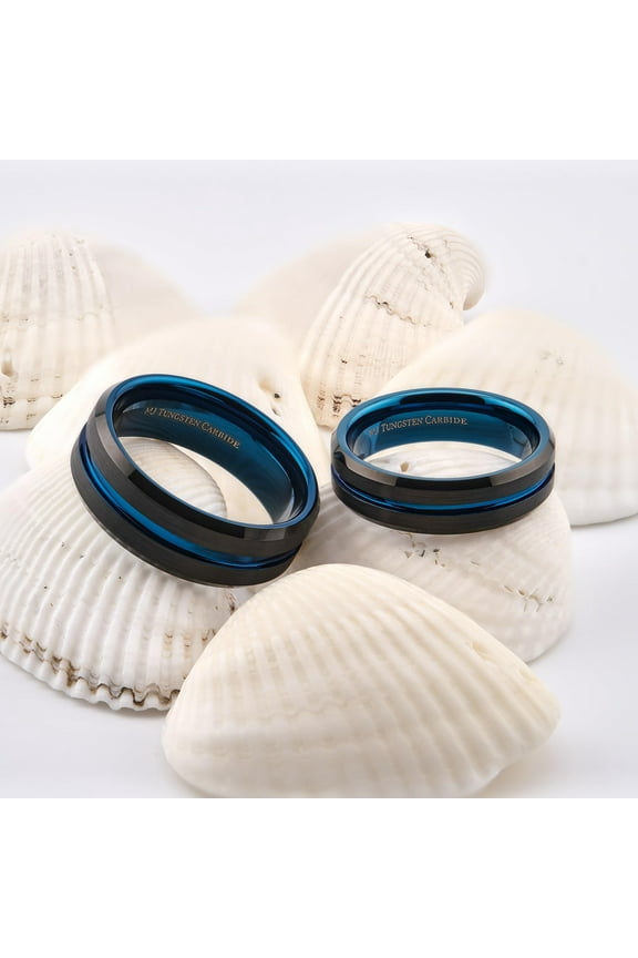 Metals Jewelry Men's / Women's Black Edges with Center and Interior Plated in Blue Comfort Fit Wedding Band 6mm or 8mm Tungsten Carbide Ring Size 6