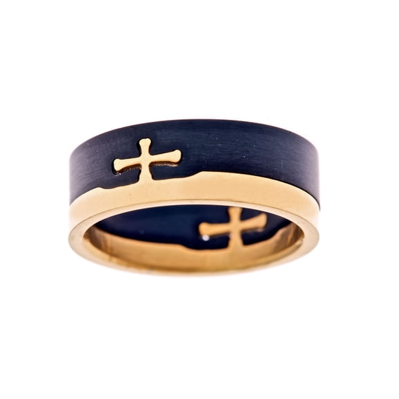 Metals Jewelry Men's / Women's Cross Puzzle Ring Matt Black and Polished Gold Plated 2 Pieces Size 10.5