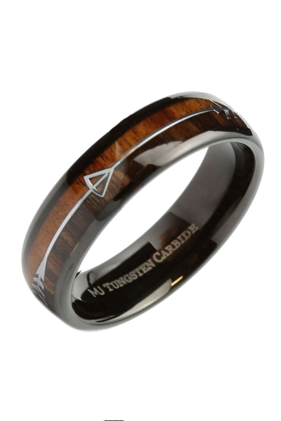 Metals Jewelry Men's / Women's Koa & Pear Wood in Black Plated Tungsten Carbide Arrow Wedding Ring 6mm Size 6