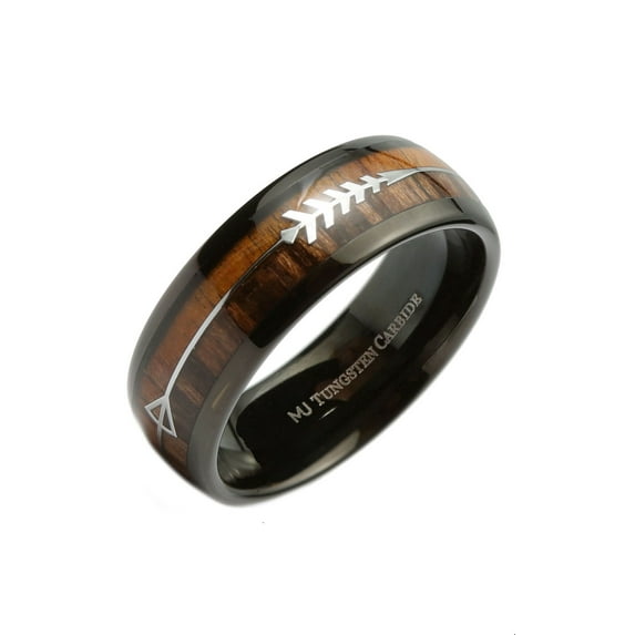 Metals Jewelry Men's / Women's Koa & Pear Wood in Black Plated Tungsten Carbide Arrow Wedding Ring 8mm Size 11.5