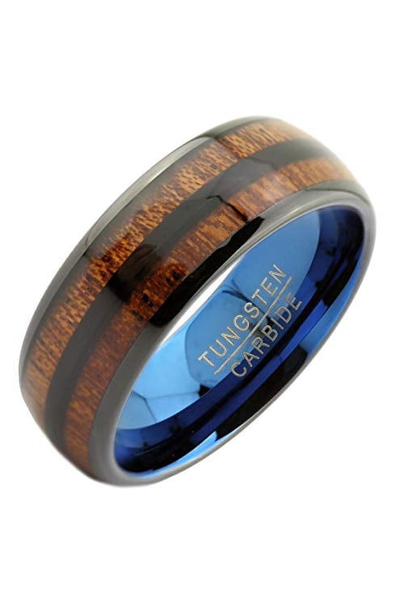 Metals Jewelry Men's / Women's Real Koa Wood Inlay with Blue Plating Inside 8mm Tungsten Carbide Wedding Band Ring Size 9