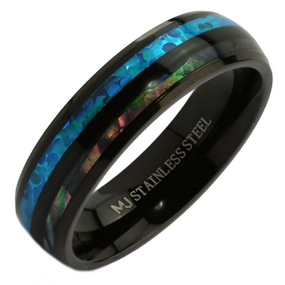 Metals Jewelry Men's/Women's Stainless Steel Black Plated 6mm Faux Opal Inlay and Abalone Inlay Ring Size 10.5