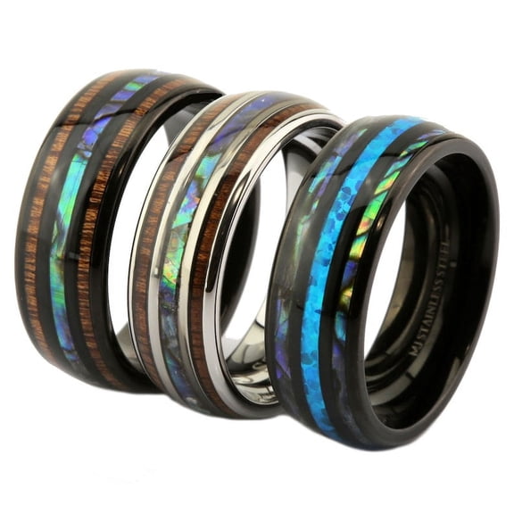 Metals Jewelry Men's/Women's Stainless Steel Comfort Fit Wedding Band 8mm Men's / Women's Real Koa Wood on Each Side of an Abalone Inlay Ring Size 10.5