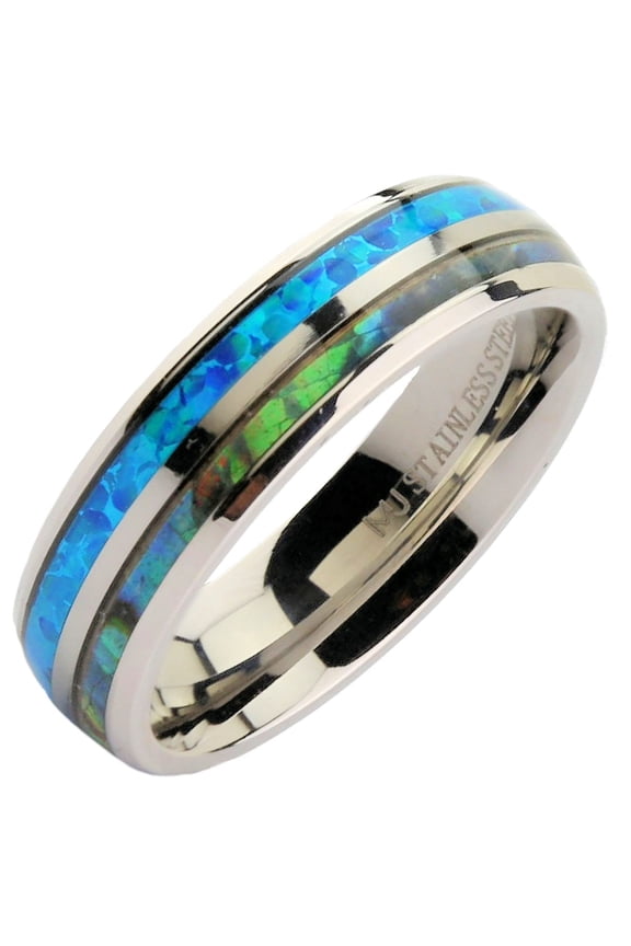 Metals Jewelry Men's/Women's Stainless Steel Polished 6mm Faux Opal Inlay and Abalone Inlay Ring Size 9