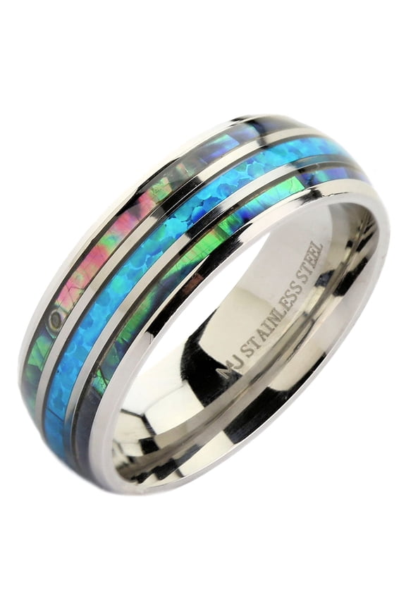 Metals Jewelry Men's/Women's Stainless Steel Polished 8mm Faux Opal Inlay and Abalone Inlay Ring Size 10.5