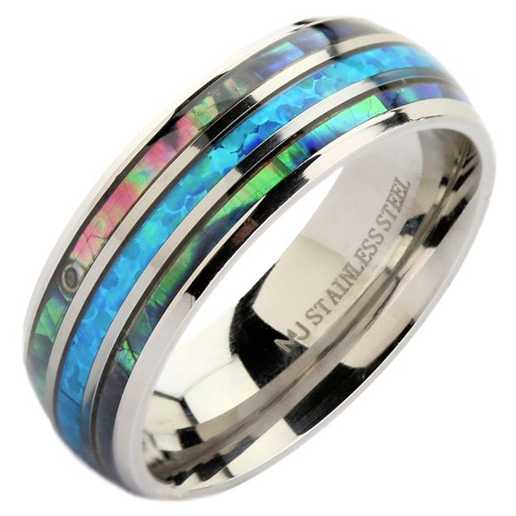 Metals Jewelry Men's/Women's Stainless Steel Polished 8mm Faux Opal Inlay and Abalone Inlay Ring Size 9