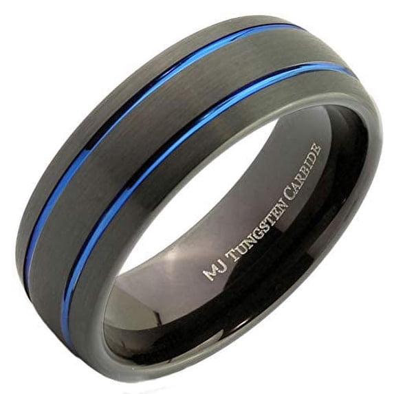Metals Jewelry Men's / Women's Tungsten Carbide 8mm Wedding Band Black Plated 2 Blue Striped Ring Size 10