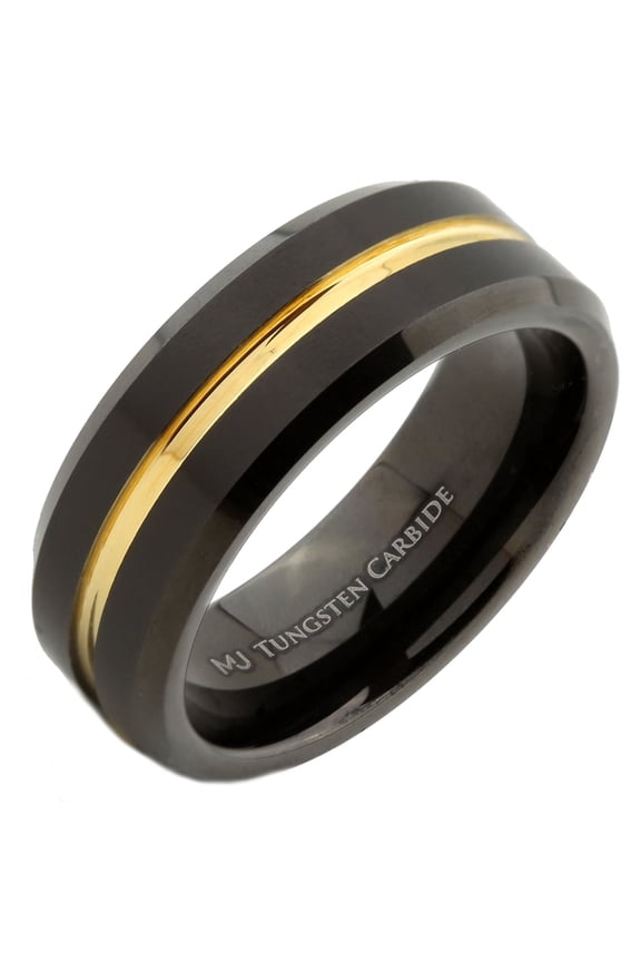 Metals Jewelry Men's / Women's Tungsten Carbide 8mm Wedding Band Black Plated with Gold Plated Center Ring Size 10.5