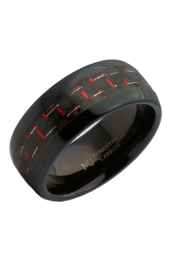 Metals Jewelry Unisex 8mm Tungsten Carbide Black Plated Red/Black Carbon Fiber Inlay Ring Size 7