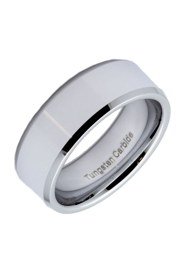 Metals Jewelry Unisex 8mm White Tungsten Carbide Polished Center Beveled Edge Wedding Ring Size 11