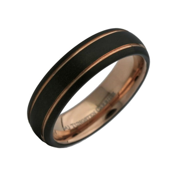 Metals Jewelry Unisex Tungsten Carbide Rose Gold / Black Plated 2 Stripes 6mm Wedding Ring Size 7.5