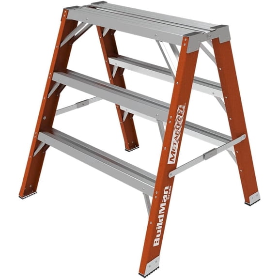 Metaltech BuildMan 3 ft Fiberglass Step Ladder Workbench Saw Horse, 300 lb Capacity Folding Work Stand with Slip-Resistant Surface