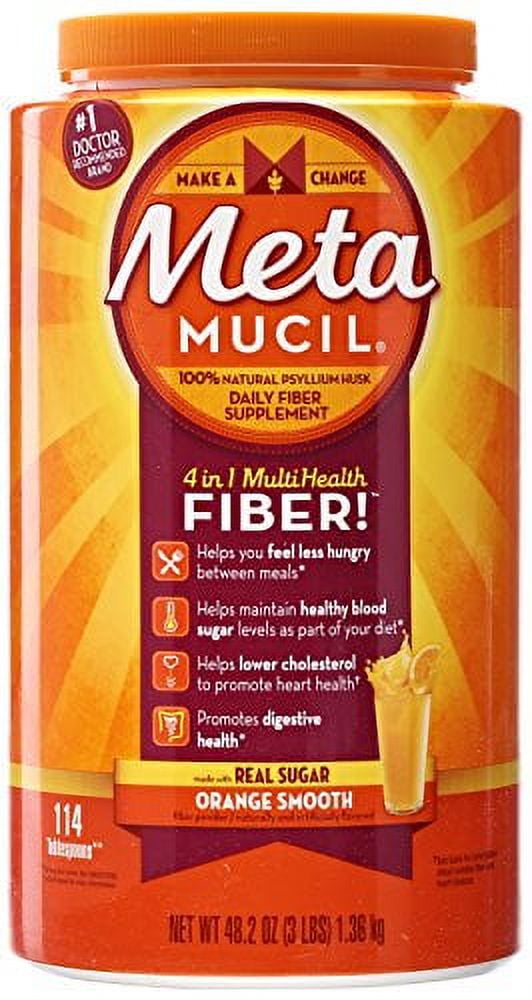 Metamucil Daily Fiber Supplement, Orange Smooth Sugar Psyllium Husk Fiber Powder, 114 Doses