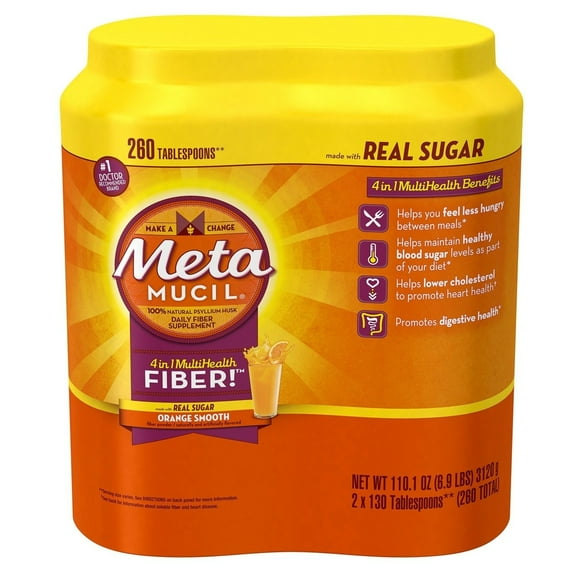 Metamucil Daily Psyllium Husk Powder Supplement, 4-in-1 Fiber, Orange Smooth Flavored Drink, 260 Ser