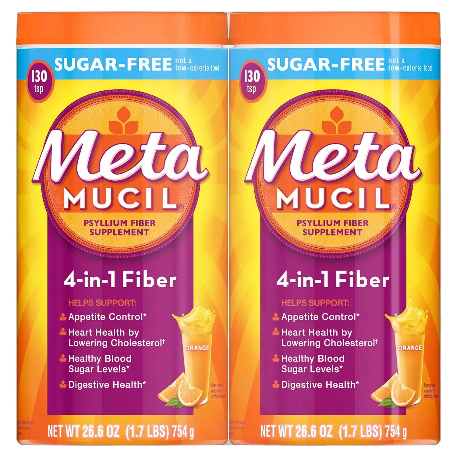 Metamucil Fiber, 4-in-1 Psyllium Fiber Supplement, Sugar-Free Powder, Orange Smooth Flavored Drink, 260 Servings