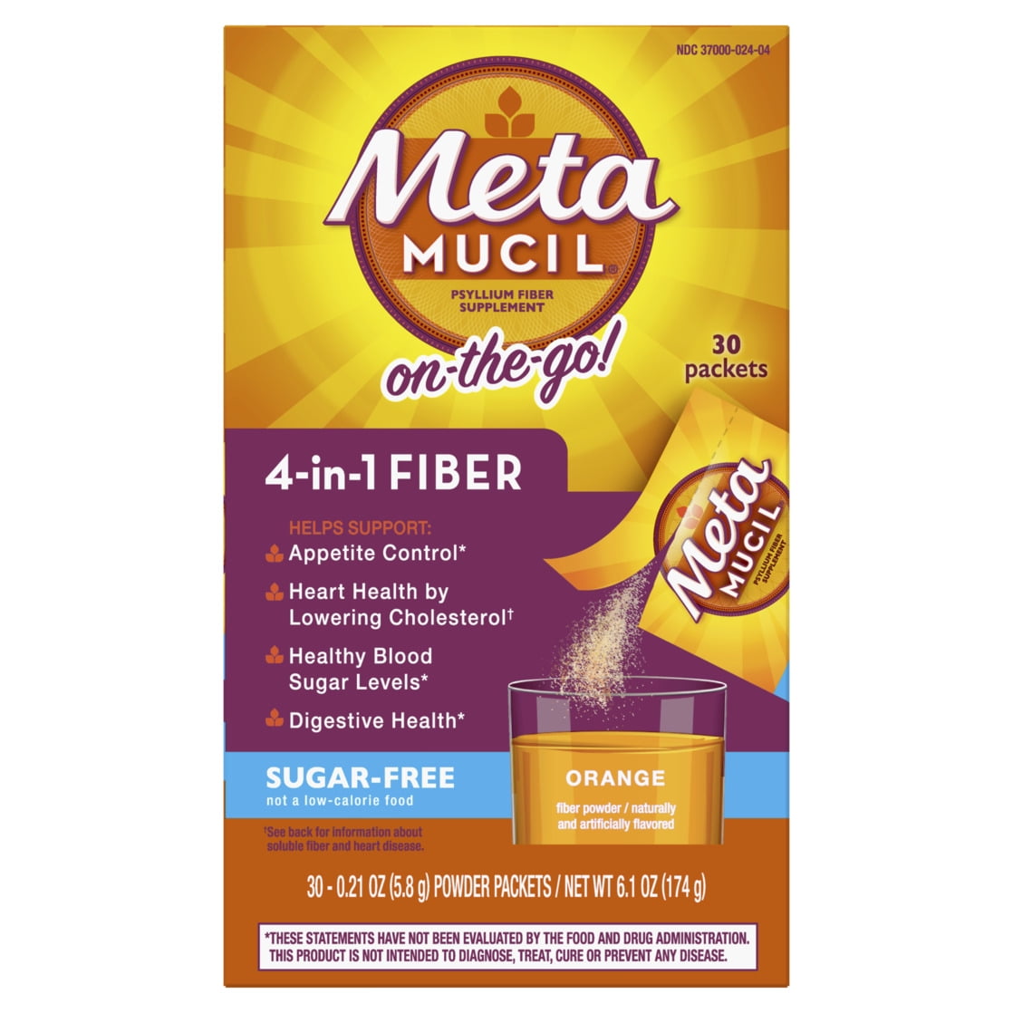 Metamucil Psyllium Husk Fiber Supplement for Digestive Health, Sugar Free, Orange, 30 Packets