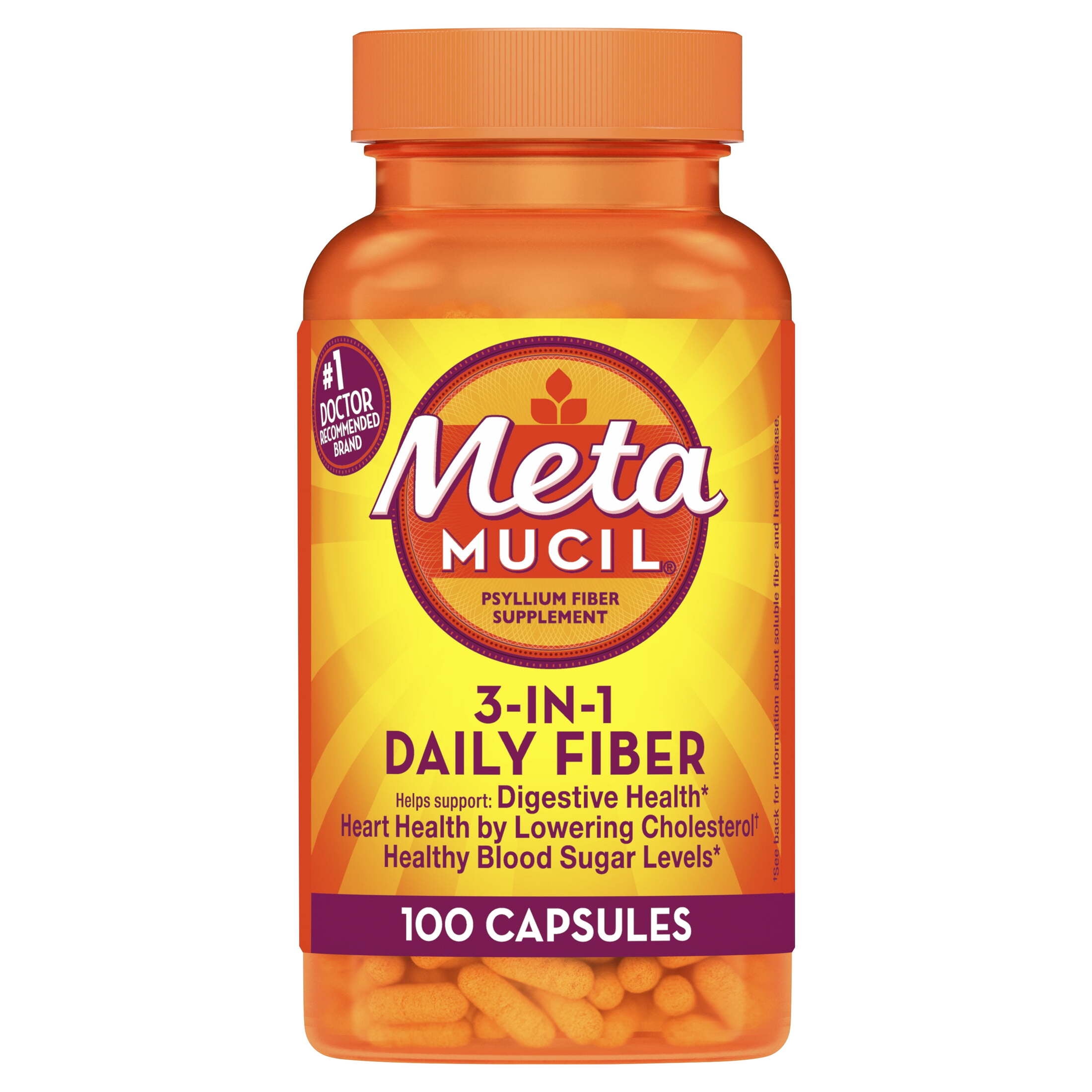 Metamucil Fiber Supplement, Psyllium Fiber Capsules for Adults Daily Digestive Health, 100 Count