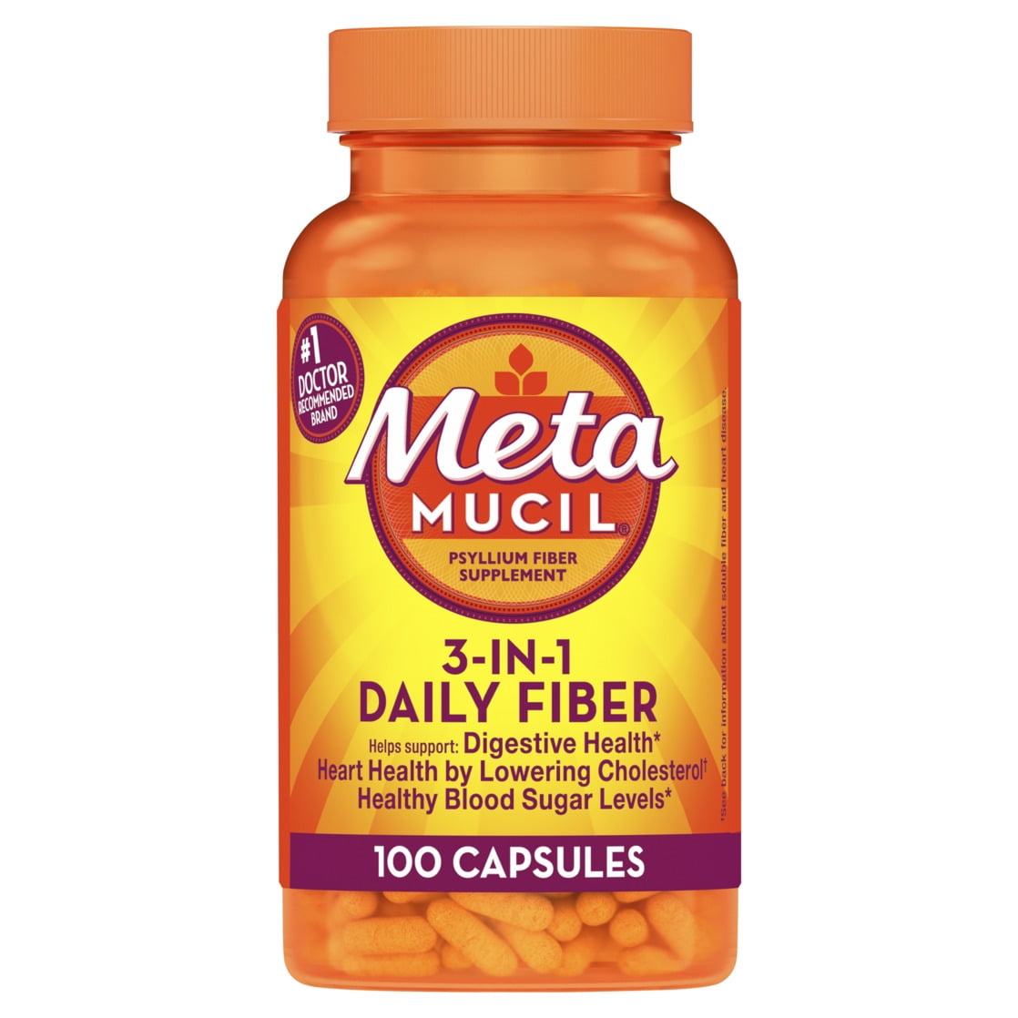 Metamucil Fiber Supplement, Psyllium Fiber Powder Capsules for Daily Digestive Health, 100 Count