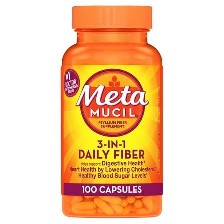 Metamucil Fiber Supplement, Psyllium Fiber Powder Capsules for Daily Digestive Health, 100 Count