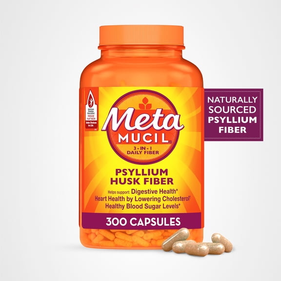 Metamucil Fiber Supplement, Psyllium Fiber Powder Capsules for Daily Digestive Health, 300 Count