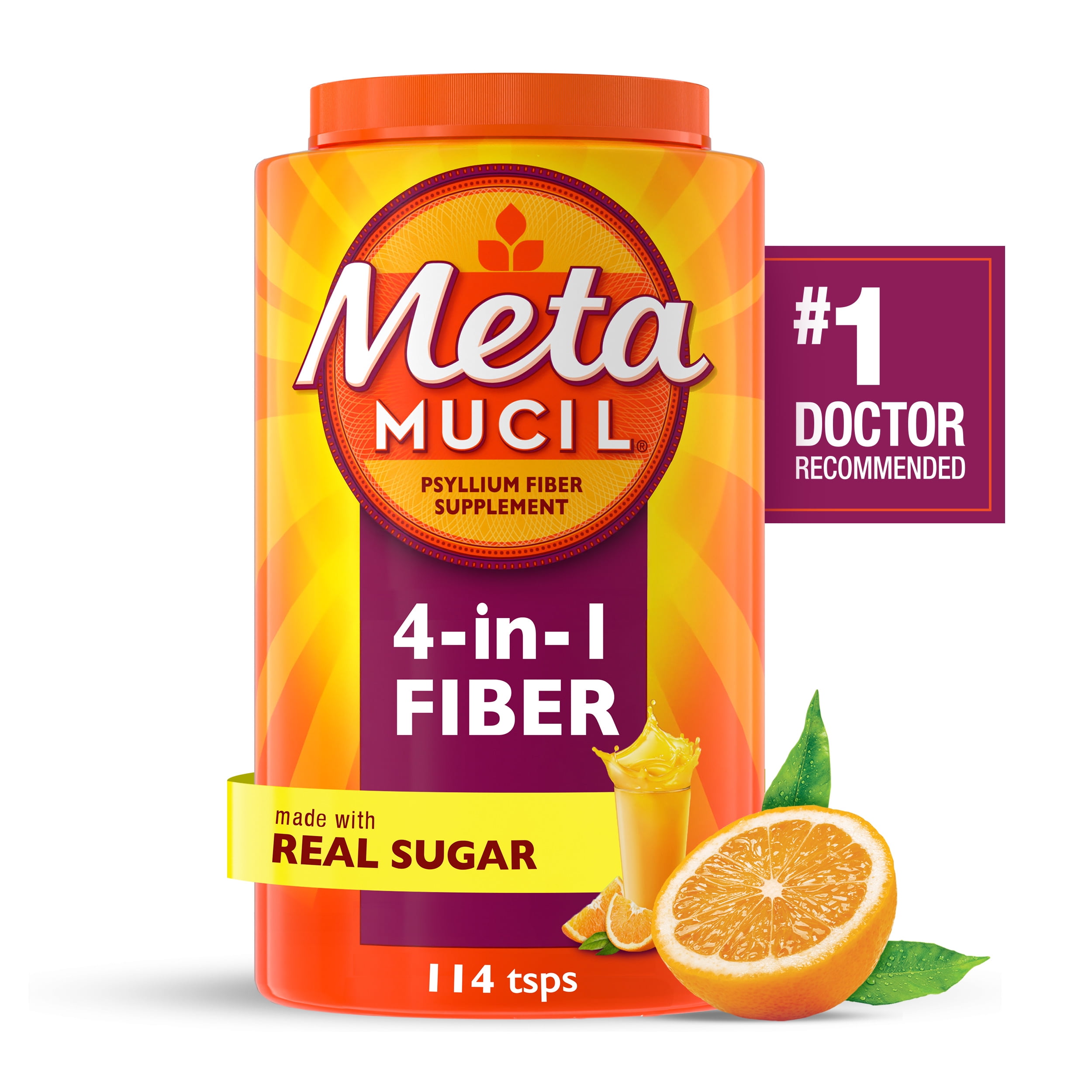 Metamucil 4-in-1 Psyllium Fiber Supplement, Real Sugar Orange,114Tbsp