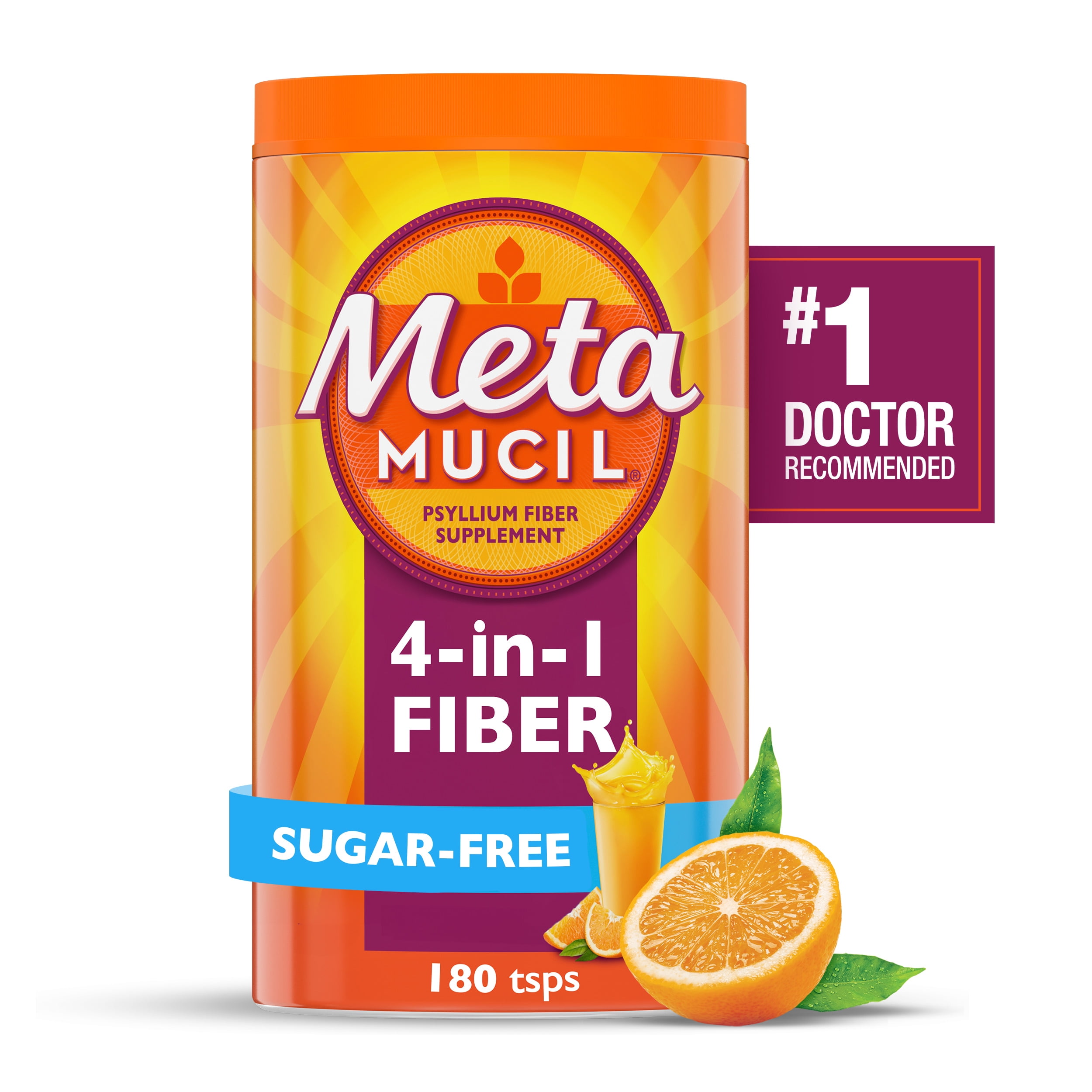 Metamucil Fiber Supplement, Sugar Free Fiber Powder for Digestive Health, Orange, 180 Servings