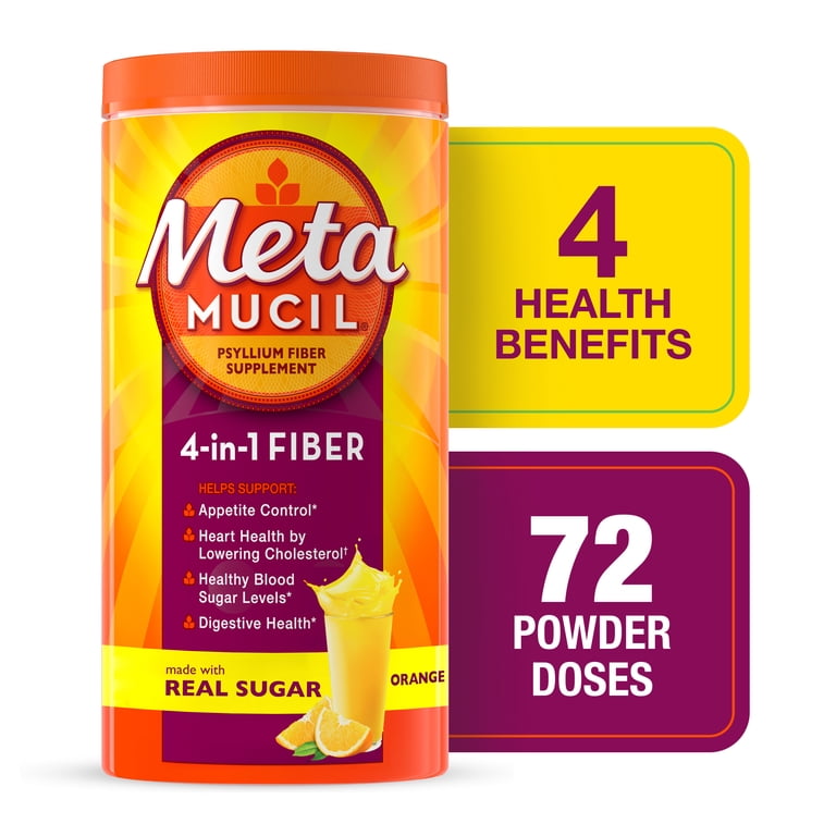 Metamucil Psyllium Fiber Powder, Real Sugar Orange, GLP-1 Friendly Fiber>, 72 Tbsp
