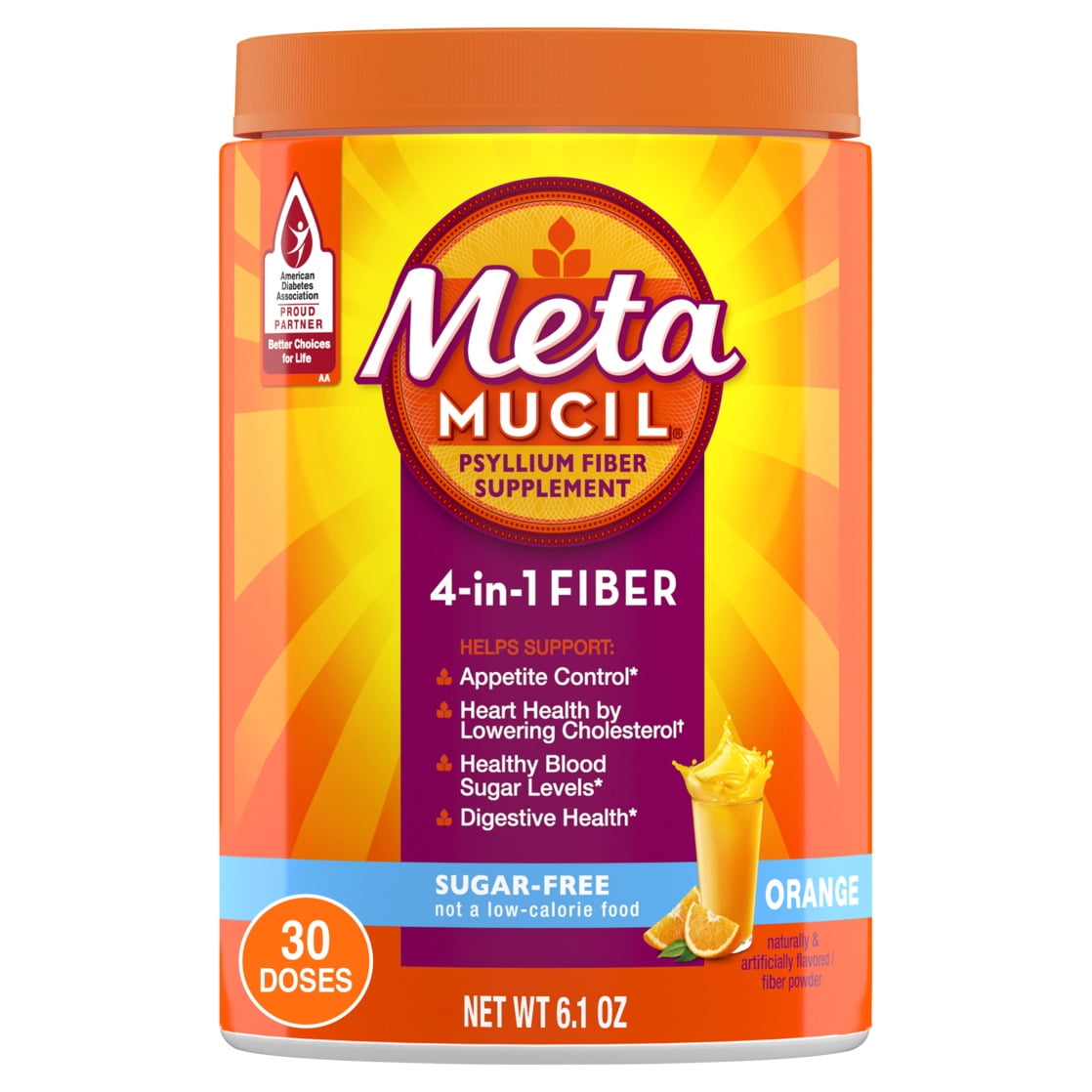 Metamucil Fiber Supplement, Sugar-Free Fiber Powder for Daily Digestive Health, Orange, 30 Servings