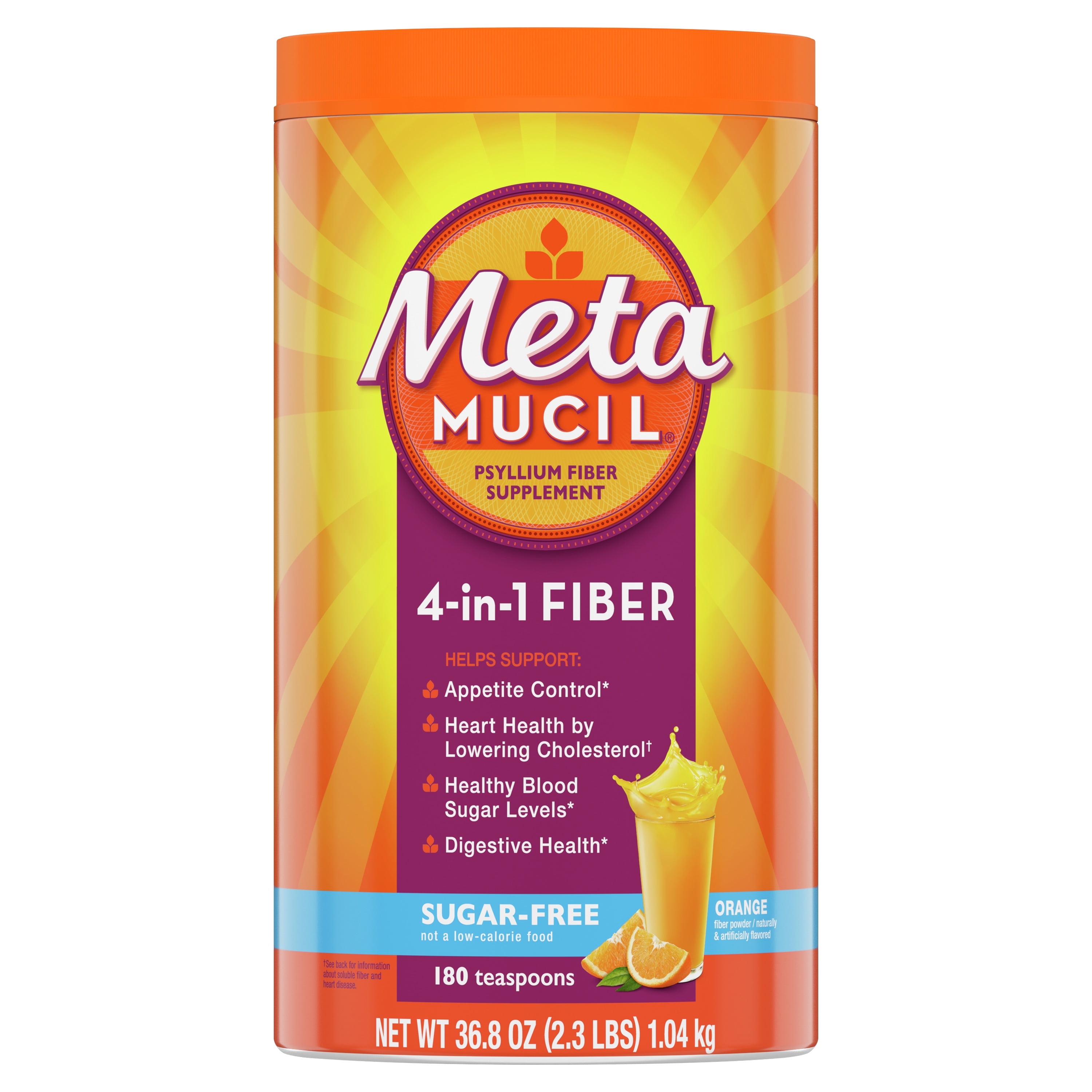 Metamucil Fiber Supplement, Sugar Free Fiber Powder for Digestive Health, Orange, 180 Servings