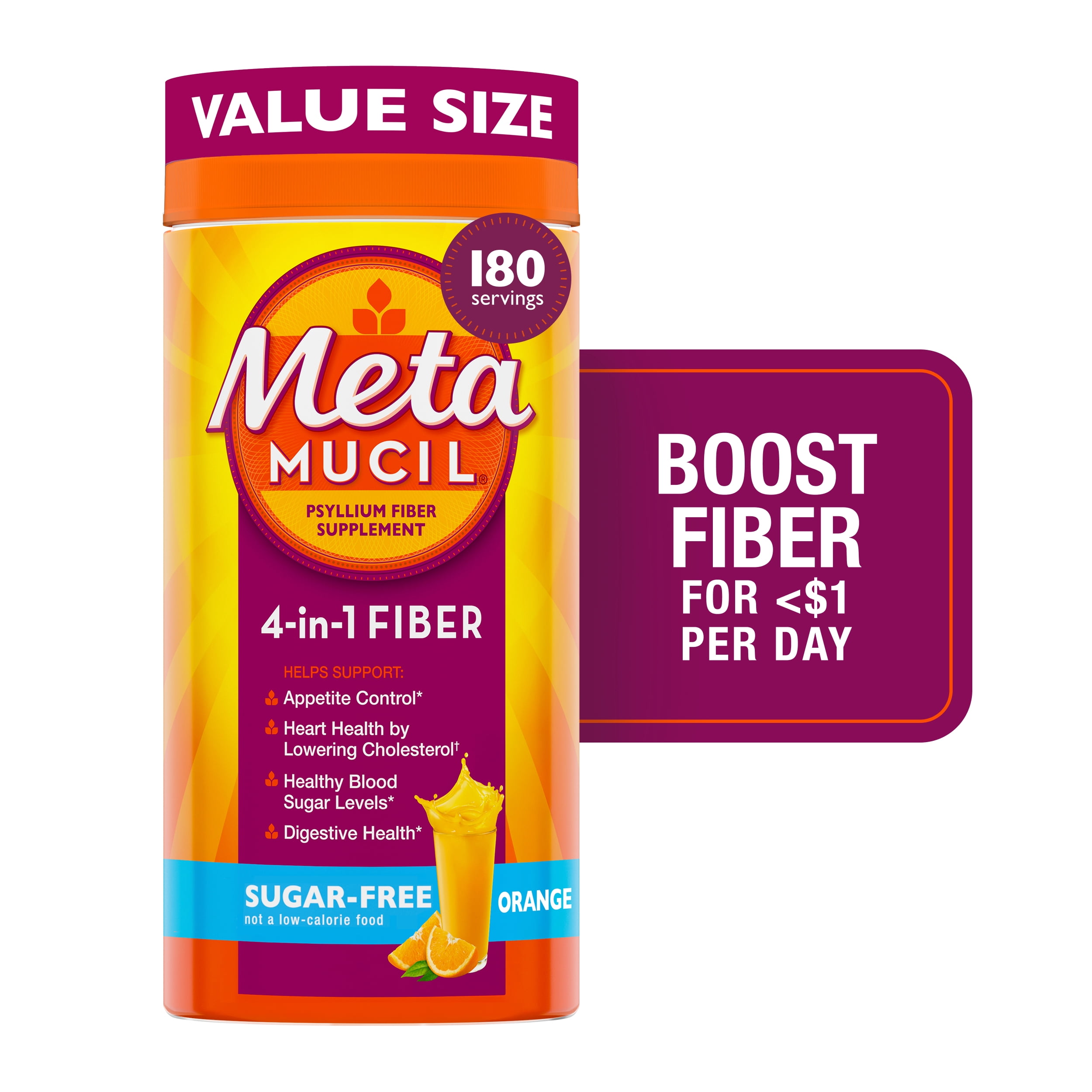 Metamucil GLP-1 Friendly Fiber Supplement, Sugar Free Fiber Powder, Orange, 180 Servings