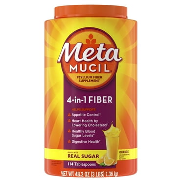 Metamucil Fiber Supplement, Sugar Psyllium Powder for Daily Digestive Health, Orange, 114 Servings