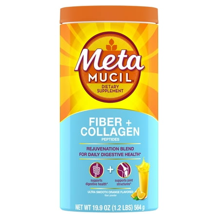Metamucil Fiber Supplement with Collagen, Fiber Powder, Sugar Free Orange, 60 Servings