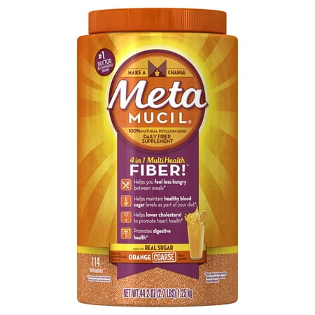 Metamucil Multi-Health Psyllium Fiber Supplement Powder with Real Sugar, Orange Flavored, 114 Servings