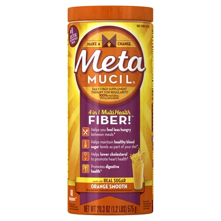 Metamucil Multi-Health Psyllium Fiber Supplement Powder with Real Sugar, Orange Flavored, 48 Servings