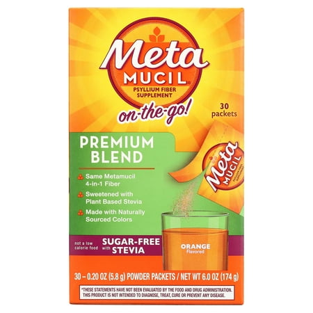 Metamucil On-the-Go, Premium Blend, Psyllium Fiber Powder Supplement, Sugar-Free with Stevia, Orange Flavor, 30 Packets