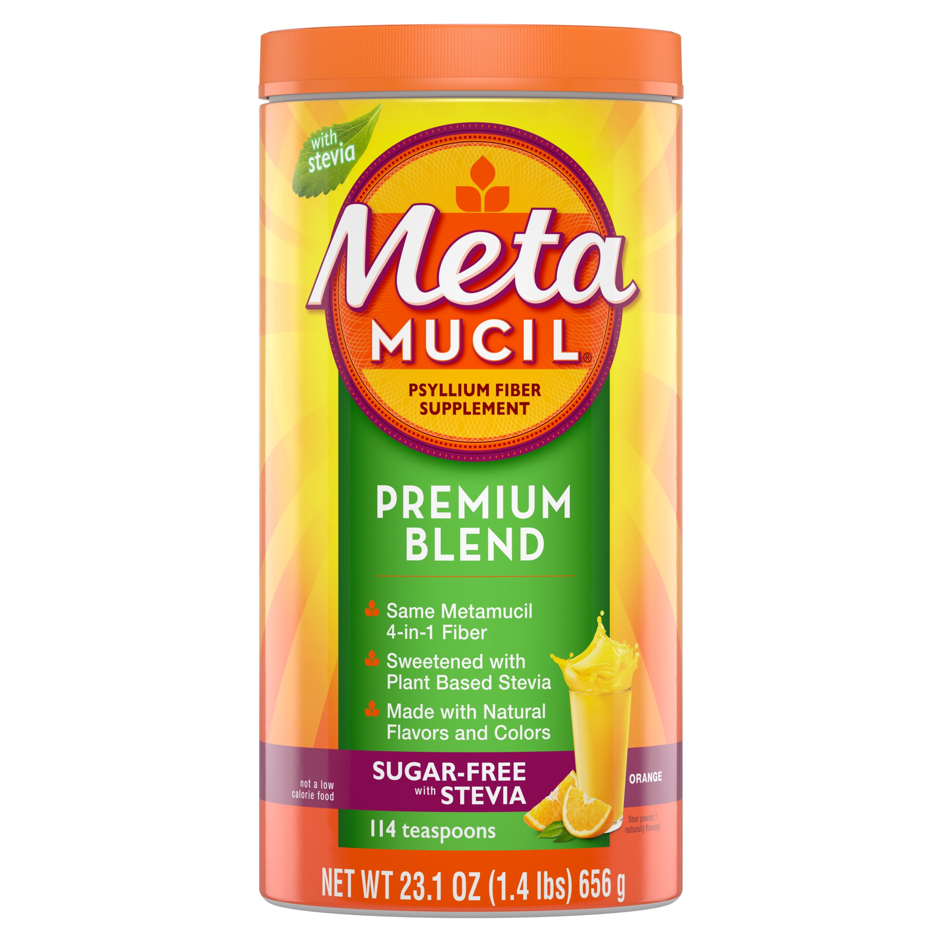 Metamucil Premium Blend, Psyllium Fiber Powder Supplement, Sugar-Free with Stevia, Natural Orange Flavor, 114 Servings