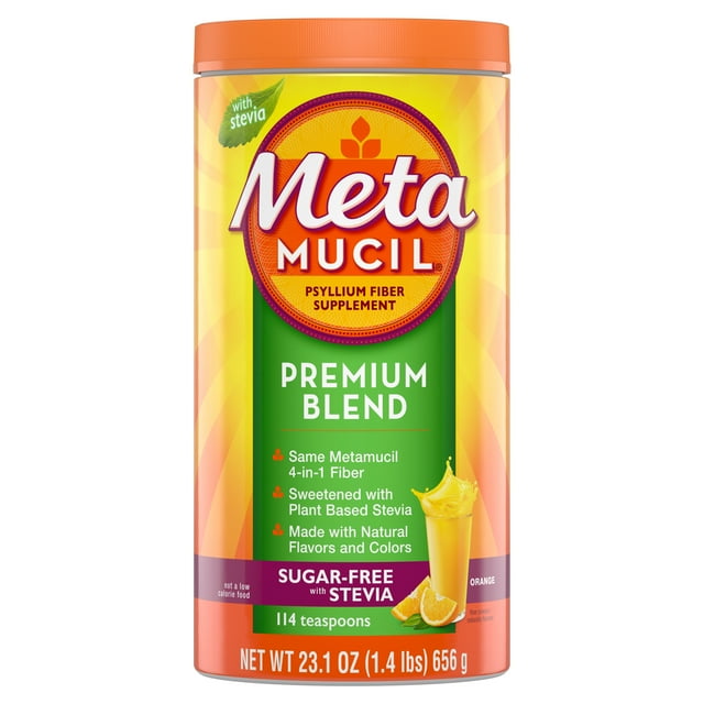 Metamucil Premium Blend, Psyllium Fiber Powder Supplement, Sugar-Free with Stevia, Natural Orange Flavor, 114 Servings