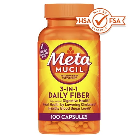 Metamucil Fiber Supplement, Psyllium Fiber Capsules for Adults Daily Digestive Health, 100 Count