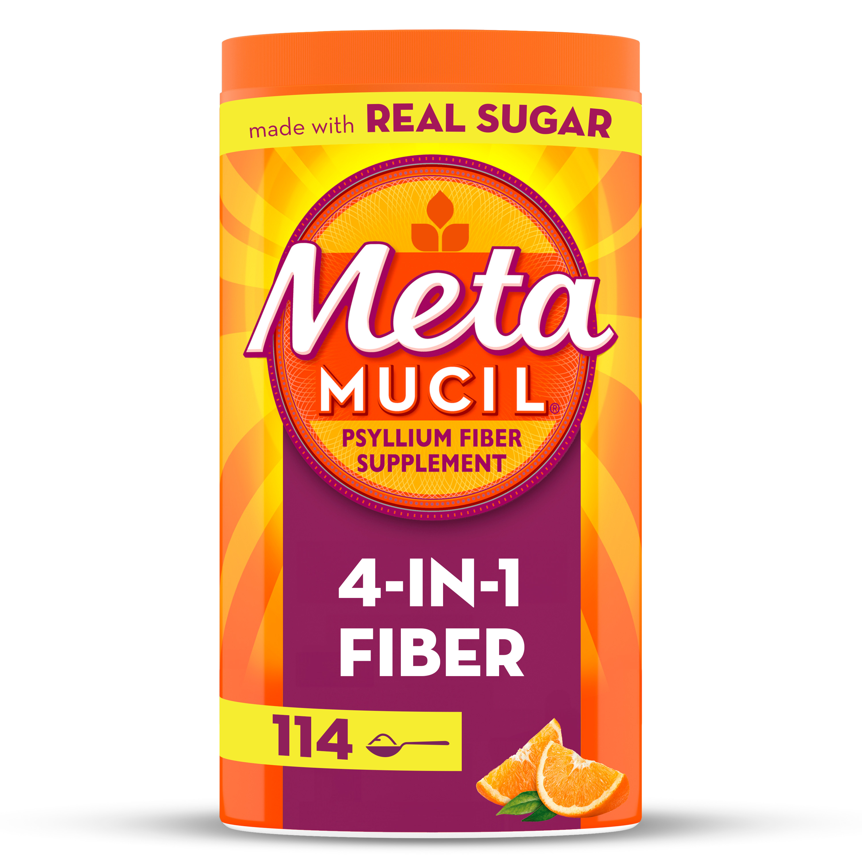 Metamucil Psyllium Husk Fiber Supplement for Digestive Health, Real Sugar, Orange, 114 Servings - image 1 of 8