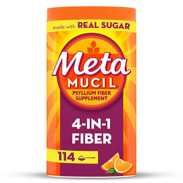 Metamucil Psyllium Husk Fiber Supplement for Digestive Health, Real Sugar, Orange, 114 Servings
