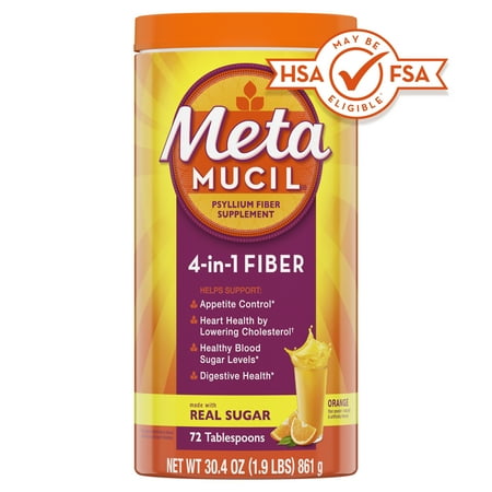 Metamucil Fiber Supplement, Sugar Fiber Powder for Daily Digestive Health, Orange, 72 Servings