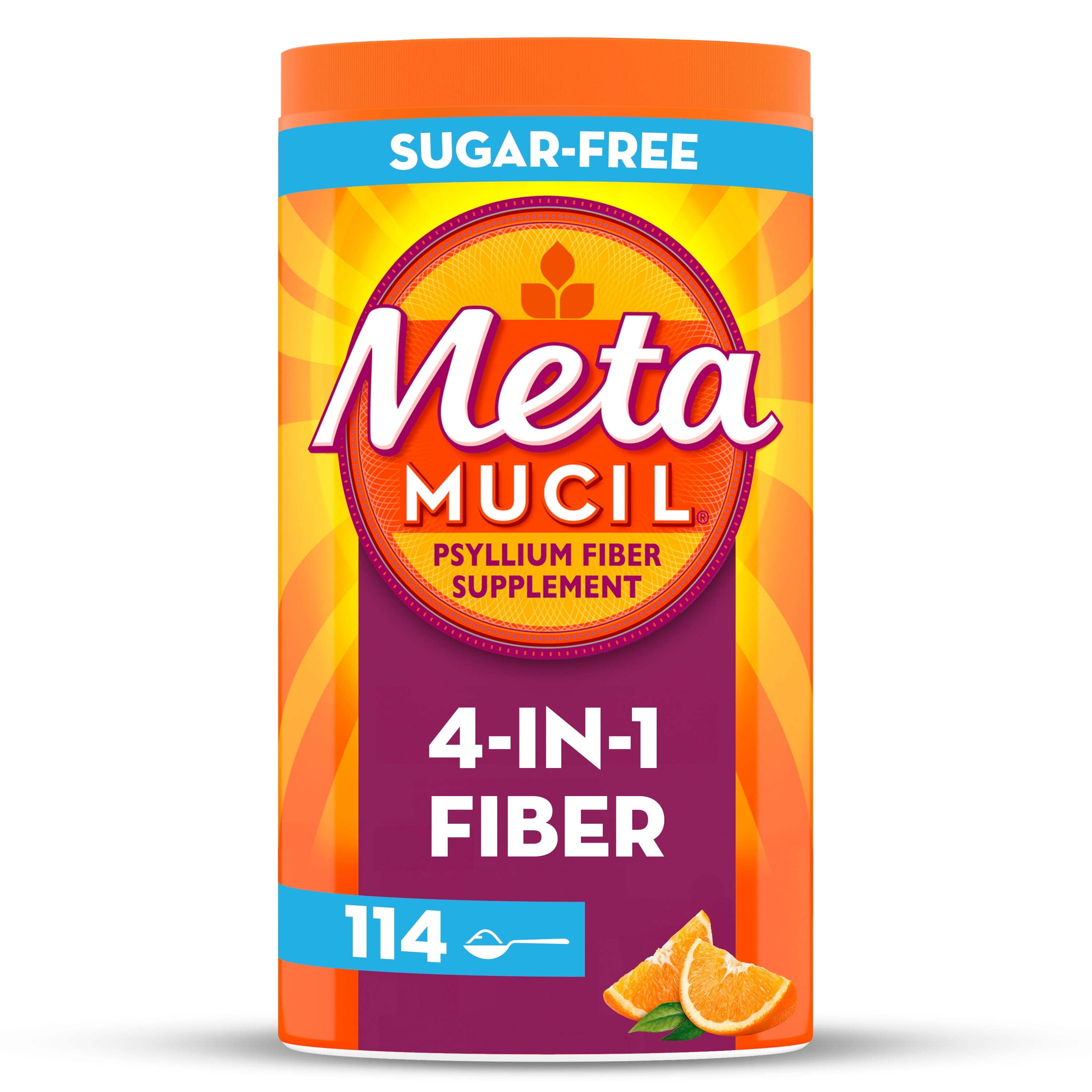 Metamucil Psyllium Husk Fiber Supplement for Digestive Health, Sugar Free, Orange, 114 Servings