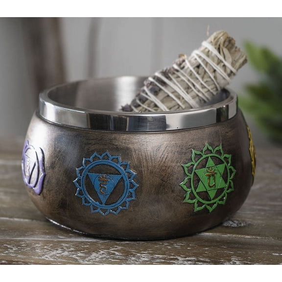 Metaphysical Wicca Spiritual Colorful Seven Chakras Symbols Smudge Smudging Bowl