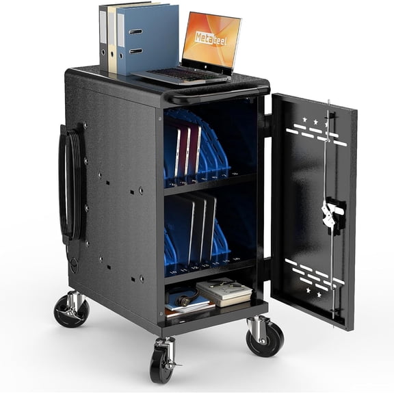Metateel 16-Device Charging Cart with Power Strips, Black Charging Station for Devices up to 14, Classroom Charging Cabinet with Cable Management & Accessory Storage